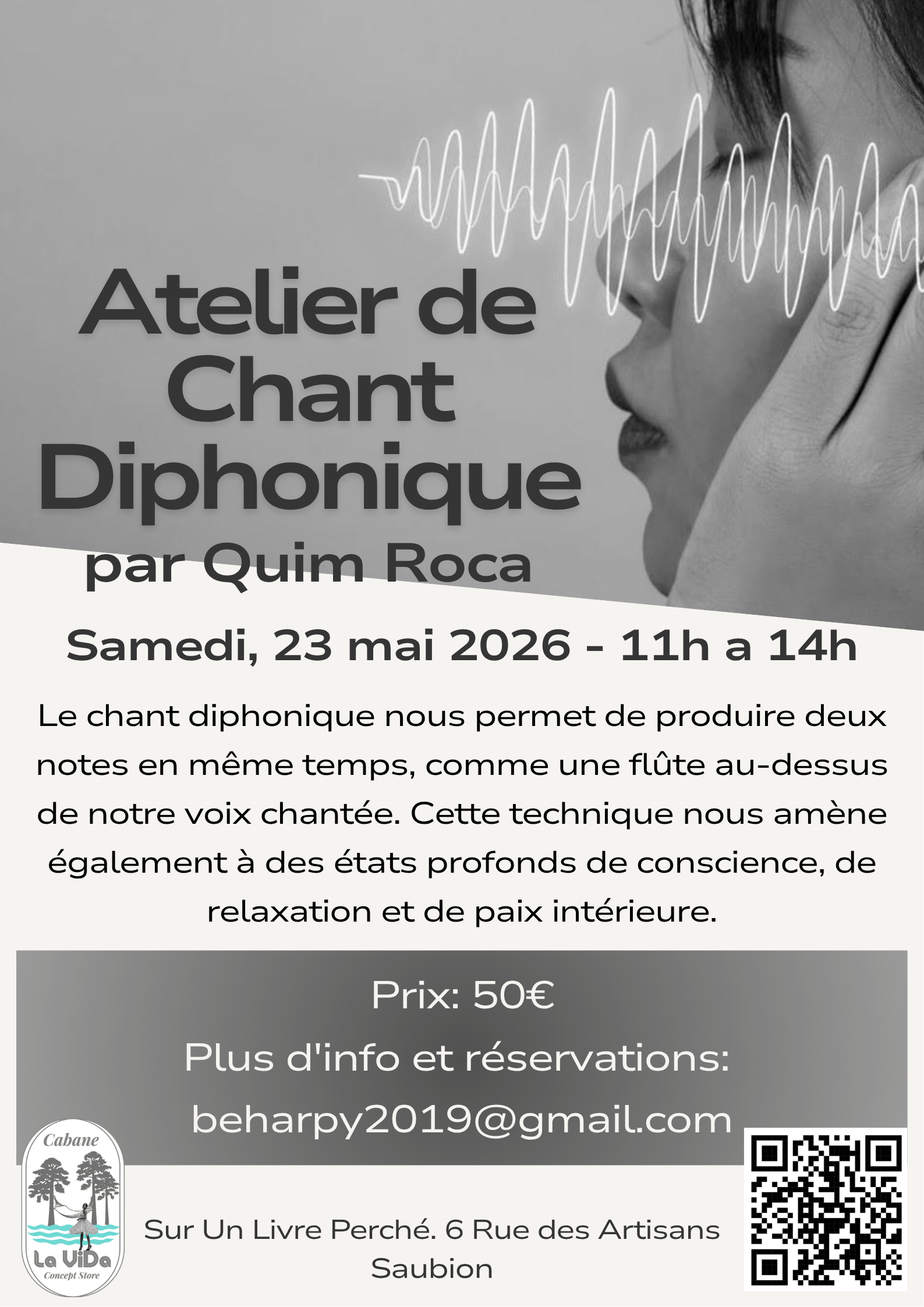Le chant diphonique nous permet de produire deux notes en même temps, comme une flûte au-dessus de notre voix chantée. Cette technique nous amène également à des états profonds de conscience, de relaxation et de paix intérieure. Le chant diphonique nous permet aussi de ressentir la vibration de chaque voyelle différente dans notre corps et de nous connecter à nous chakras ou de masser et activer des glandes comme le thymus, la thyroïde, l’hypophyse ou la pinéale. Nous apprenons les techniques fondamentales du chant diphonique, nous explorons notre audition et les possibilités de notre voix. Nous présentons la relation entre les voyelles, les chakras et les émotions comme un outil de connaissance de soi et de guérison. Nous présentons également une technique de chant de gorge: le kargyraa. Aucune formation musicale ni compétence vocale ne sont nécessaires pour commencer!!!"