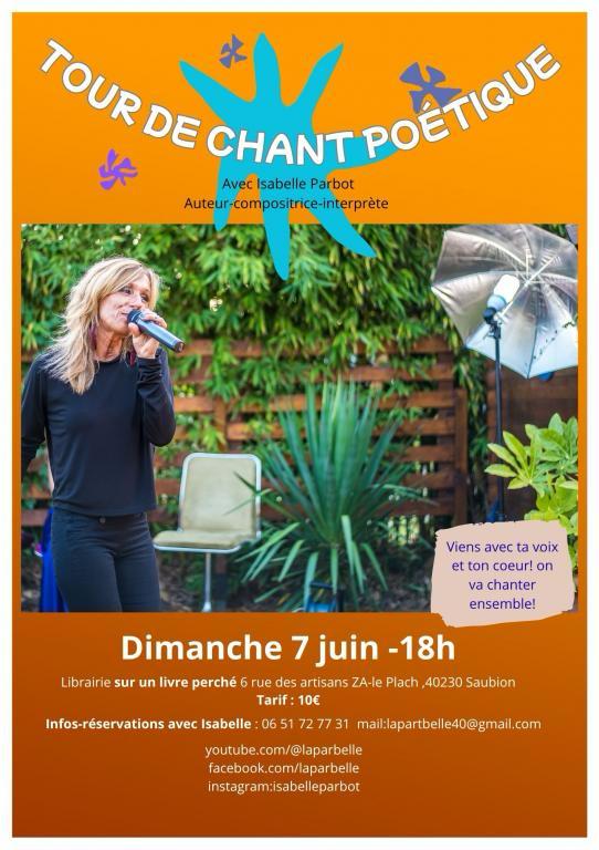 Un concert solo d'une heure en toute intimité dans un lieu unique et magique.
Une voix, une vibration. Viens avec ton coussin si tu veux être t'assoir par terre. On va chanter ensemble ( rassures-toi, pas besoin de savoir chanter
Réservation recommandée auprès d'isabelle au 06 51 72 77 31 ou par mail: lapartbelle40@gmail.com
Date limite de réservation 6 juin.
Tarif 10€
Dimanche 7 juin à 18h
Adresse: Sur un livre perché, 6 rue des artisans Z.A le Plach 40230 Saubion